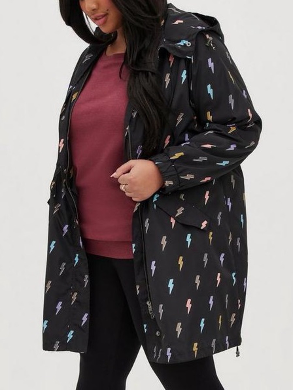 Torrid Lightning Bolt Hooded Rain Jacket Windbreaker Black Multicolor Size 2 - Picture 2 of 8